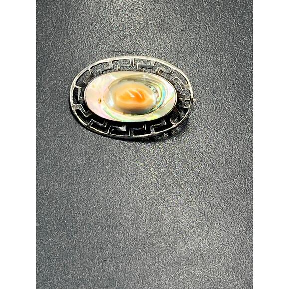 Vintage Sterling Silver Abalone Shell Brooch Pin Antique Greek Key Border - Picture 6 of 10